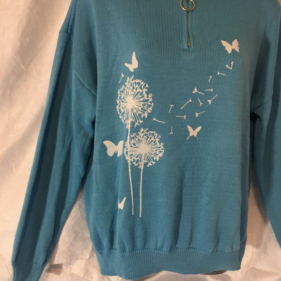Womens Size Large Light Blue Knit Zip Sweater Dandelion Puff Butterfly Vintage - Picture 6 of 12